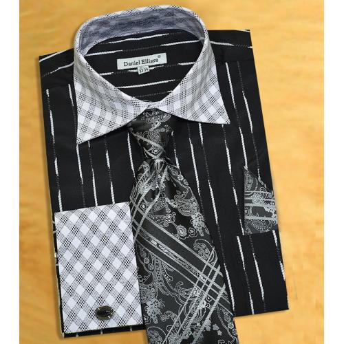 Daniel Ellissa Black / White Vertical Stripe Two Tone Shirt / Tie / Hanky Set With Free Cufflinks DS3777P2