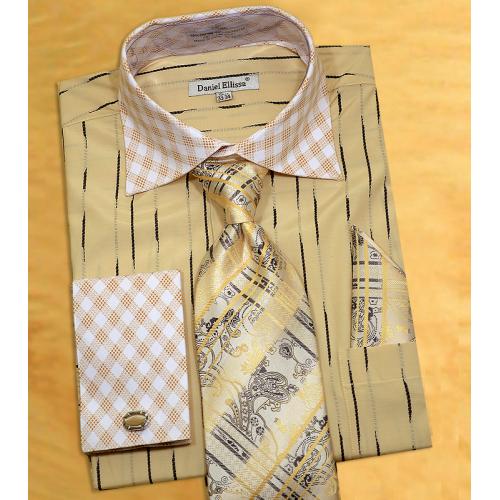 Daniel Ellissa Beige / White Vertical Stripe Two Tone Shirt / Tie / Hanky Set With Free Cufflinks DS3777P2