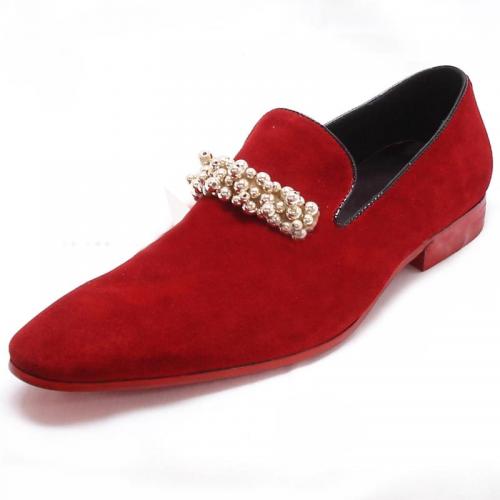 Encore By Fiesso Red Suede Loafer Shoes With Ornament FI6748