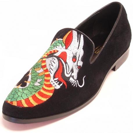 Fiesso Black Genuine Suede Loafer Shoes With Dragon Embroidery FI6801 ...