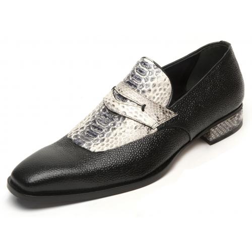 Mauri "Cobra" 4646 Black Genuine Pebble Grain Calf / Grey Python Hand-Painted Dress Shoes