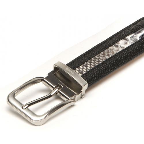 Mauri  "100/35" Black Genuine Pebble Grain Calf / Grey Python Hand-Painted Belt