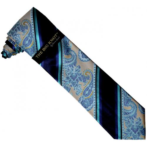Steven Land Collection "Big Knot" SL176 Navy / Royal /  Turquoise / Platinum / Mustard Paisley Diagonal Design 100% Woven Silk Necktie/Hanky Set