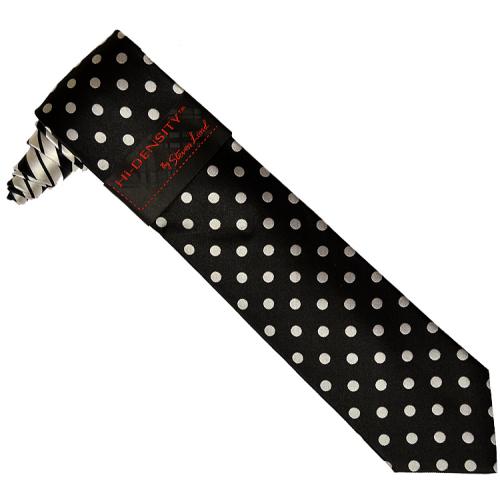 Hi-Density By Steven Land SL181 Black With White Polka Dot Diagonal Design 100% Woven Silk Necktie/Hanky Set