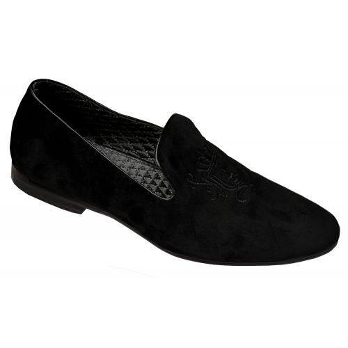 Giorgio Brutini "Cress" Black Velvet With Embroidered Crest Design Slip On Loafer Dress Shoes 176031