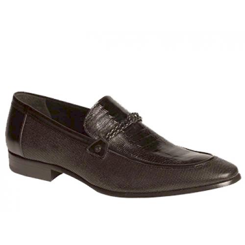 Mezlan "Clovet" 3953-P Black Genuine Ostrich Leg / Textured Calf With Braid Saddle Loafer Shoes.
