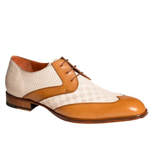 Mezlan "Levi" 5832 Camel / Bone Genuine Perforated Calfskin Multi-Texture Wingtip Oxford Shoes