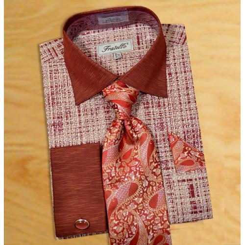 Fratello Burgundy / Beige Self Design  Shirt / Tie / Hanky Set With Free Cufflinks FRV4129P2