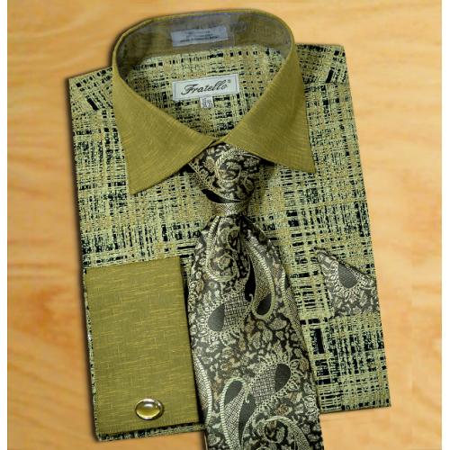 Fratello Olive / Black Self Design  Shirt / Tie / Hanky Set With Free Cufflinks FRV4129P2