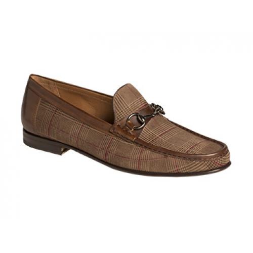 Mezlan "Salinas" 7053 Brown / Taupe Genuine Plaid Suede and Burnished Calfskin Horsebit Loafer Shoes