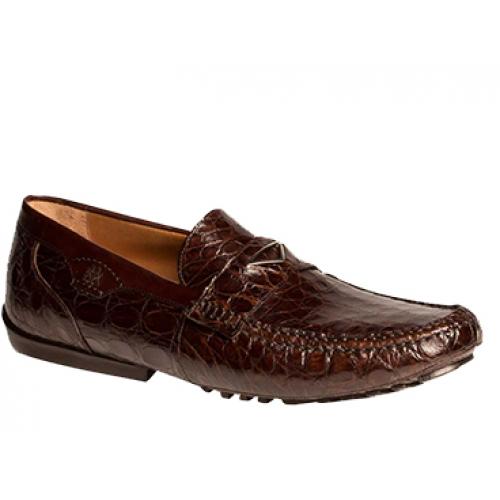 Mezlan "Padua" 7069 Brown Genuine All Over Crocodile With Silver Triangle Saddle Loafer Shoes