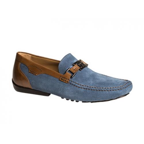 Mezlan "Taddeo" 7070 Blue / Tan Genuine Suede or Nubuck With Calfskin Icon-Saddle Loafer Shoes