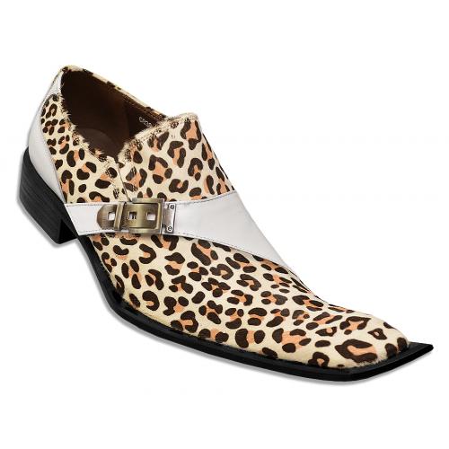 Zota Brown / White Leopard Hair / Paten Leather Diagonal Toe With Monk Strap Shoes G838-103