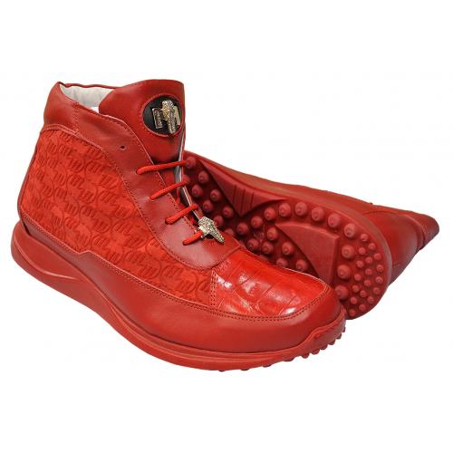 Mauri 8661 Red Genuine Crocodile / Embossed Calfskin Suede Sneakers