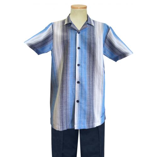 Steve Harvey Navy Blue / Baby Blue / White Striped Design 2 Piece Linen and Cotton Blend Short Sleeve Outfit SH7504