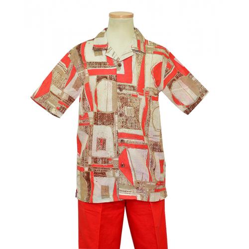Steve Harvey Watermelon Red / Rust / Ivory Abstract Design 2 PC Linen and Cotton Blend Short Sleeve Outfit SH7575