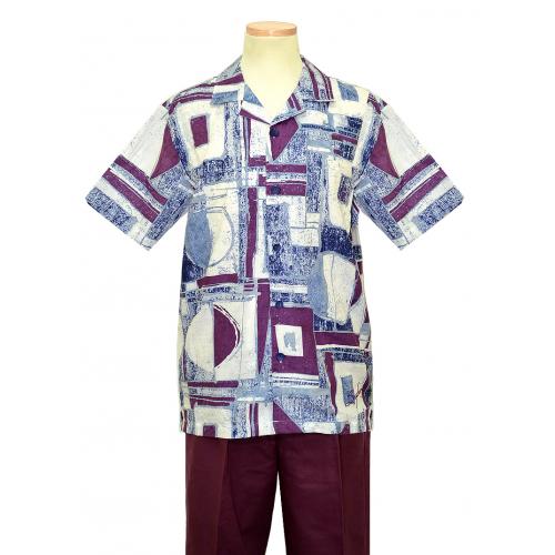 Steve Harvey Grape / Navy / White Abstract Design 2 PC Linen and Cotton Blend Short Sleeve Outfit SH7575