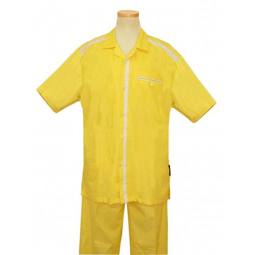 Steve Harvey Straw Yellow With White Trimming Coated Linen 2 Piece Short Sleeve Outfit # 7134S