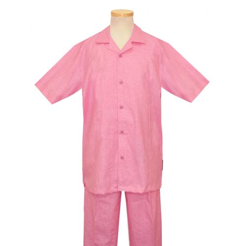 Steve Harvey Solid Cotton Candy Pink Woven Design Coated Linen 2 Piece Short Sleeve Outfit # 7112S