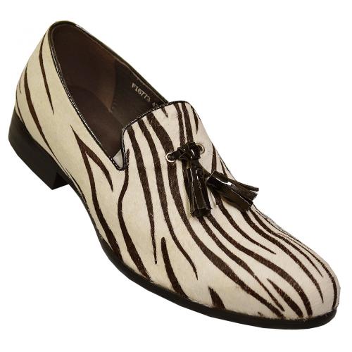 Fiesso White / Black  Zebra Hair Genuine Leather Loafer Shoes FI6773.
