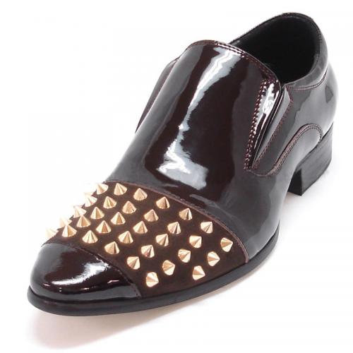 Encore By Fiesso Brown Genuine Leather Loafer Shoes With Gold Metal Studs FI3154