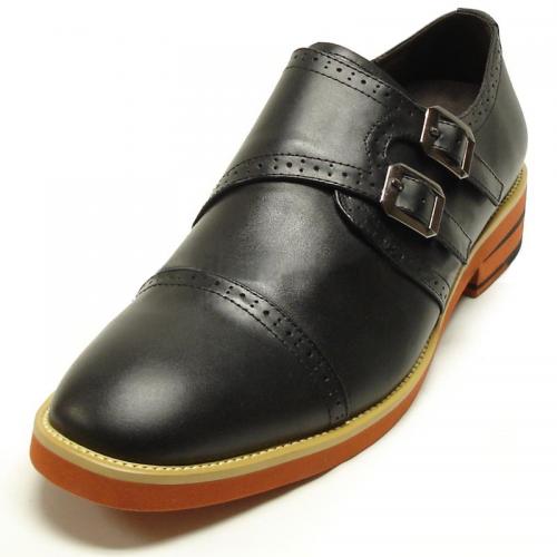 Encore By Fiesso Black Leather Loafer Shoes With Double Buckle FI6681