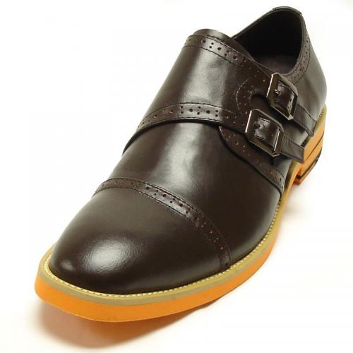 Encore By Fiesso Coffee Leather Loafer Shoes With Double Buckle FI6681