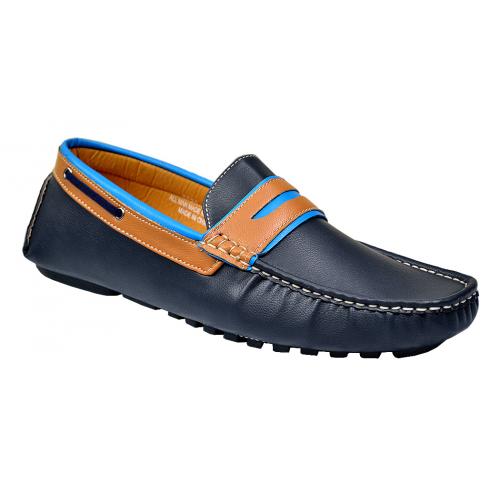 AC Casuals Navy / Tan / Aqua Blue Faux Leather Casual Driving Loafer Shoes 6520