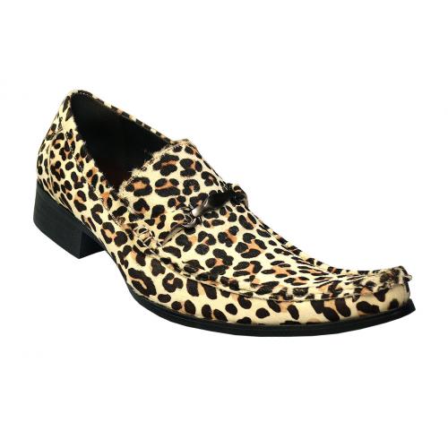 Fiesso Beige / Brown Leopard Genuine Leather / Pony Hair Loafer Shoes With Bracelet FI6649