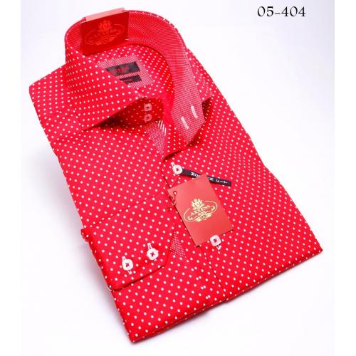 Axxess Red  / White Polka Dot Handpick Stitching 100% Cotton Dress Shirt 05-404
