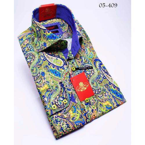 Axxess Green / Blue Handpick Stitching 100% Cotton Dress Shirt 05-409