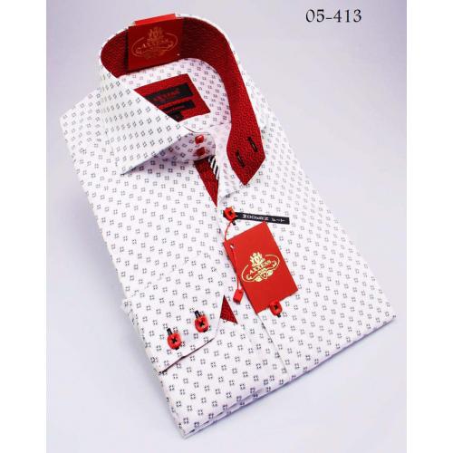 Axxess White / Black Dising / Red Handpick Stitching 100% Cotton Dress Shirt 05-413