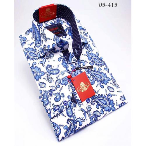 Axxess White / Blue Handpick Stitching 100% Cotton Dress Shirt 05-415