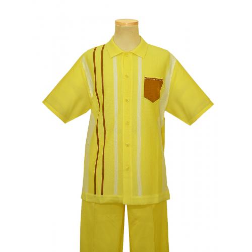 Silversilk Lemon Yellow / White / Cognac Striped Design Button Up 2 Piece Knitted Outfit 7340
