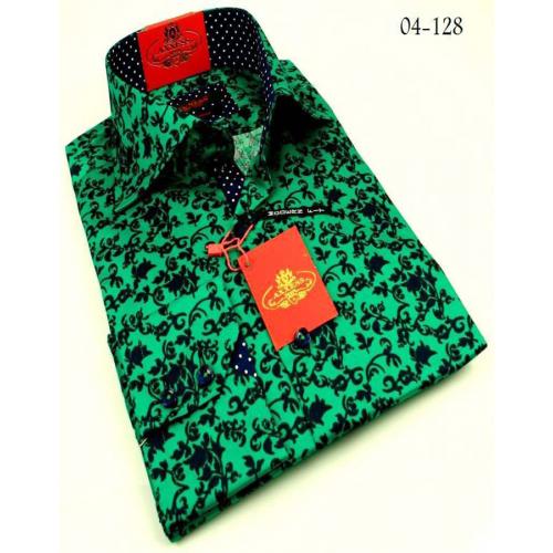 Axxess Green / Blue Flowers Handpick Stitching 100% Cotton Dress Shirt 04-128