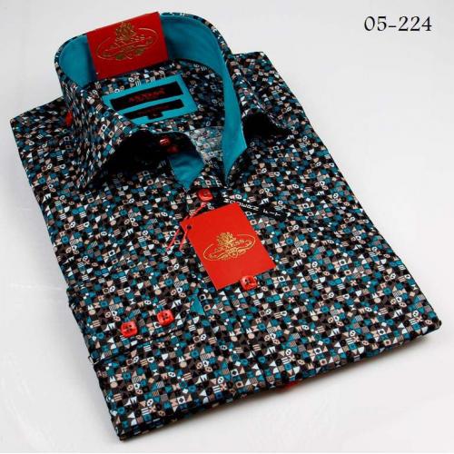 Axxess Blue Multi Square Handpick Stitching 100% Cotton Dress Shirt 05-224