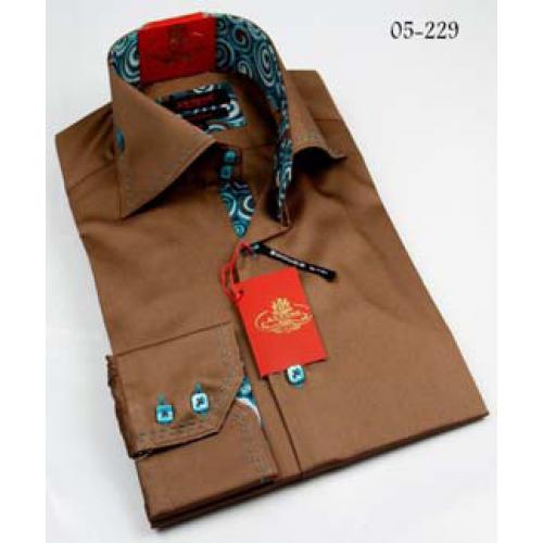 Axxess Brown / Blue Handpick Stitching 100% Cotton Dress Shirt 05-229