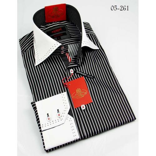 Axxess Black / White Handpick Stitching 100% Cotton Dress Shirt 05-261