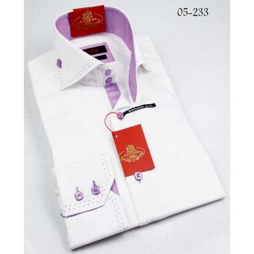 Axxess White / Purple Handpick Stitching 100% Cotton Dress Shirt 05-233