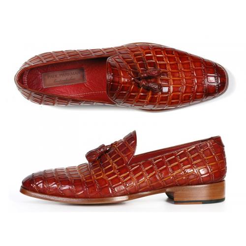 Paul Parkman 0823 Reddish Camel Crocodile Embossed Calfskin Tassel Loafer Shoes