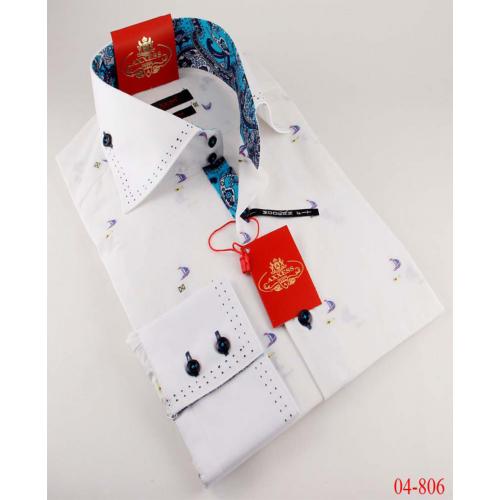 Axxess White / Blue Handpick Stitching 100% Cotton Dress Shirt 04-806