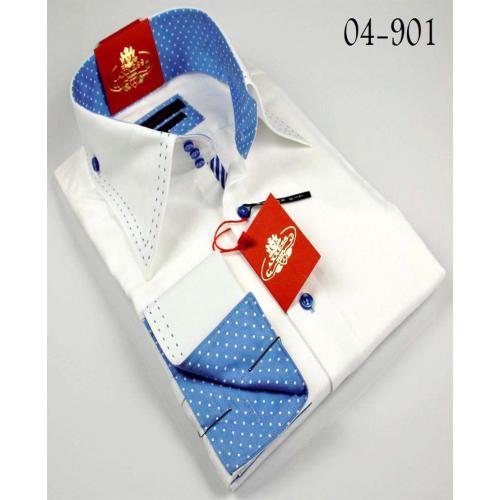 Axxess White / Blue Handpick Stitching 100% Cotton Dress Shirt 04-901