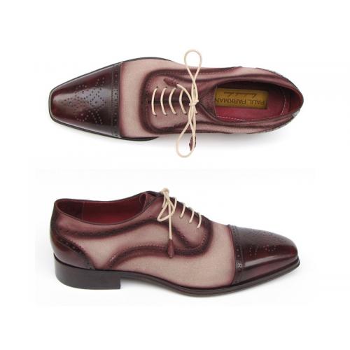 Paul Parkman 024 Burgundy / Beige Genuine Italian Calfskin Captoe Oxford Hand-Painted Shoes