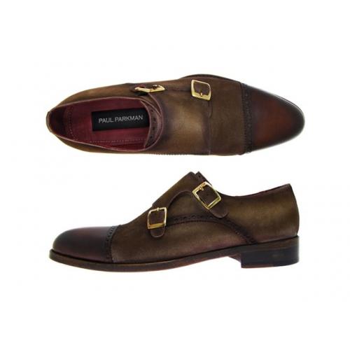 Paul Parkman FK09 Brown / Beige Genuine Italian Calfskin Suede Double Monkstrap Dress Shoes