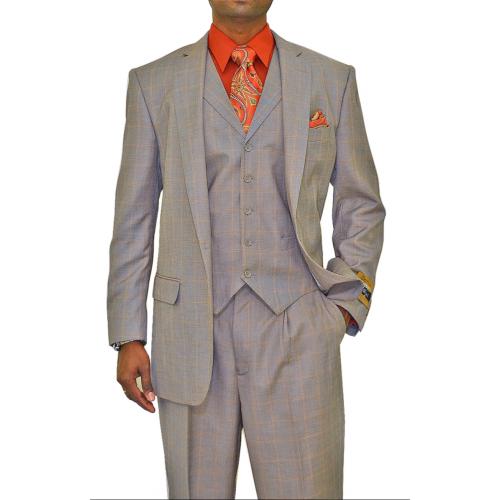 Bertolini Grey With Brick Red / Light Grey Windowpanes Silk Wool & Silk Blend Vested Suit B79462-1