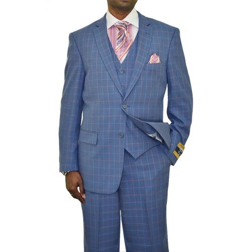 Bertolini Slate Blue With Violet Red Royal Blue Windowpanes Silk Wool Silk Blend Vested Suit 9462 2 299 90 Upscale Menswear Upscalemenswear Com