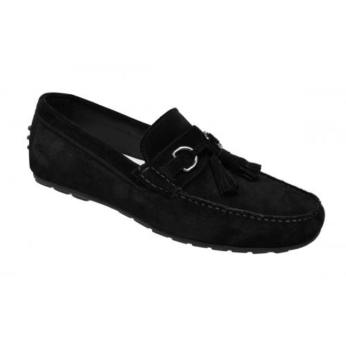 Calzoleria Toscana Onyx Black Genuine Lambskin Suede Leather Driving Bit Loafer Shoes With Tassels 2907