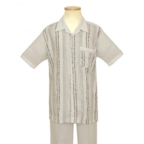 Pronti Off White With Grey/Black Designer Painted Stripes 2 Pc Linen Blend Outfit SP6125S
