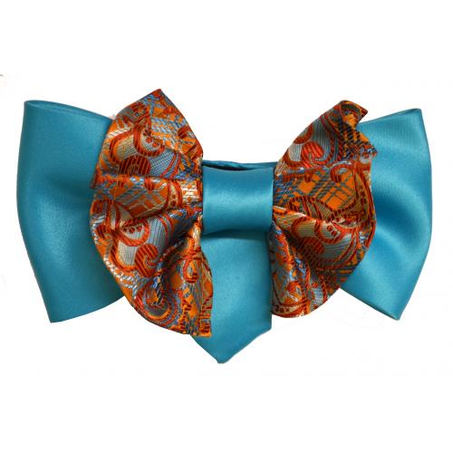 Classico Italiano Turquoise Blue / Orange / Brick Double Layered Plaid Paisley Design 100% Silk Bow Tie / Hanky Set XL0090