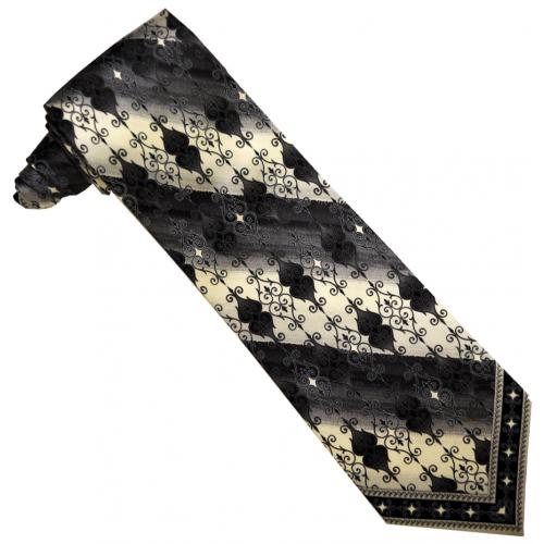 Stacy Adams Collection SA135 Black / White / Grey Artistic Design 100% Woven Silk Necktie/Hanky Set